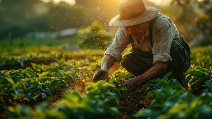 Farmer working in the vegetable garden at sunset - obrazy, fototapety, plakaty