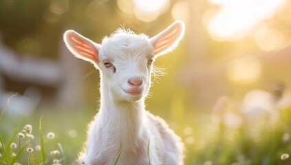 Fototapeta premium Cute white goat baby, portrait photo, blurred background
