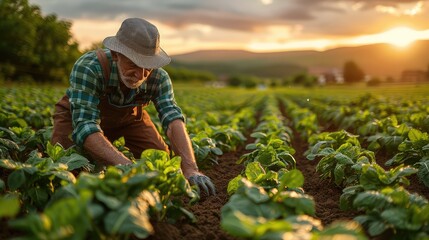 Farmer working in the vegetable garden at sunset - obrazy, fototapety, plakaty
