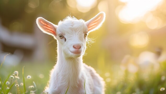 Cute white goat baby, portrait photo, blurred background