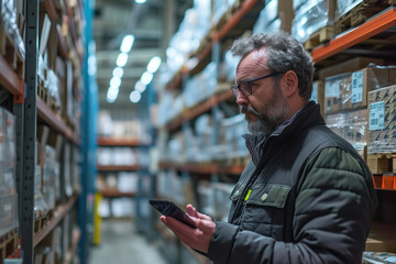 Man using cell phone in large warehouse aisle, checking messages and notifications, modern technology in industrial setting