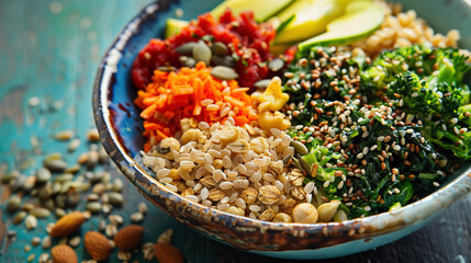 Nutrient-Rich Bowl with Assorted Superfoods, Grains, Seeds, and Nuts - obrazy, fototapety, plakaty