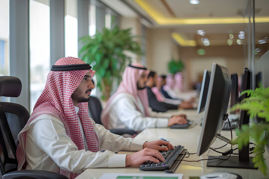 Saudi people working, spacious work space, modern office, elegant office, computers in front of them, spacious work spaces