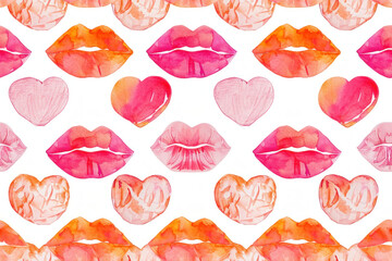 Watercolor pattern with pink and orange lips, hearts, and the words kisses on a white background