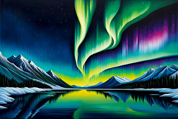 beautiful landscape watercolor painting of a nighttime aurora borealis, vivid iridescent colors in the night sky, over a reflective lake in the snowy mountains