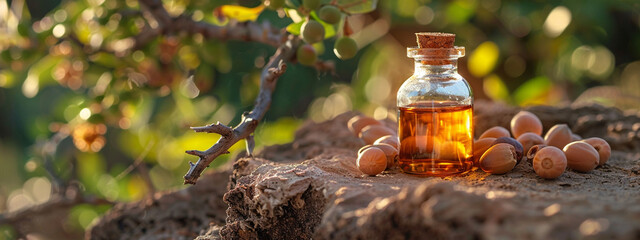 Argan essential oil on a wooden background