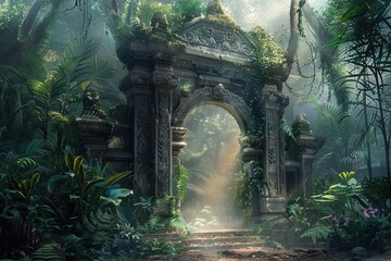 A mysterious ancient stone gate in the middle of an enchanting forest, surrounded by lush greenery and exotic plants. - obrazy, fototapety, plakaty