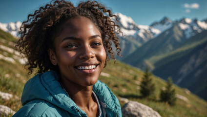 Ragazza di origini africane sorride felice durante una vacanza mentre cammina in un trekking estivo in montagna su un sentiero delle  Alpi  - obrazy, fototapety, plakaty