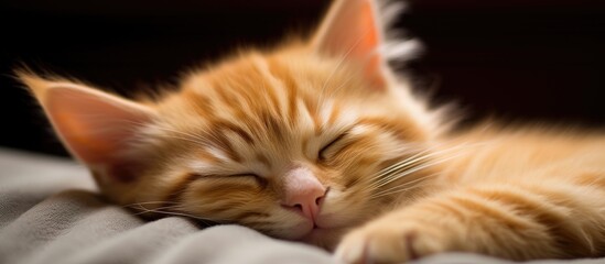 There is a small orange cat peacefully sleeping on a bed in a cozy indoor setting