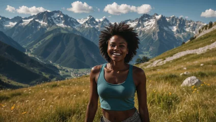 Deurstickers Ragazza di origini africane sorride felice durante una vacanza mentre cammina in un trekking estivo in montagna su un sentiero delle  Alpi  © Wabisabi