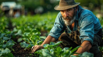 man in vegetable garden working outside with land - obrazy, fototapety, plakaty