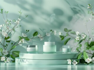 Organic beauty products arranged on a glass display stand, set against a soft pastel background with subtle floral accents.