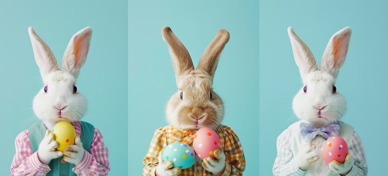 Three photos of an Easter bunny with colorful eggs, dressed differently with different facial expressions