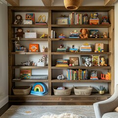 A warmly lit wooden bookshelf, brimming with children's toys, books, and playful decor, invitingly arranged in a homey interior.
