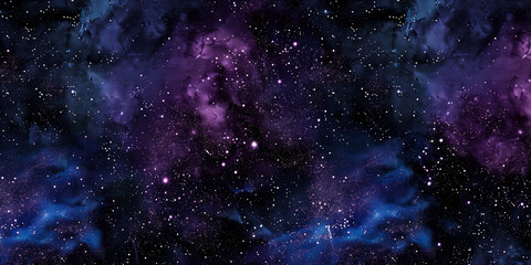 Purple space background pattern design. Horizontal banner. Amazing cosmic wallpaper. Milky Way abstract wallpaper. Digital artwork raster bitmap. AI artwork. 