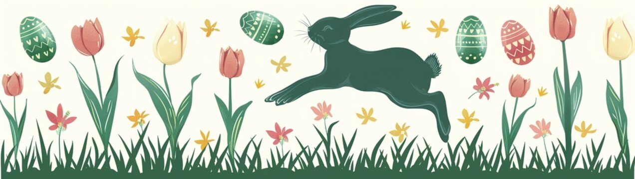 flat illustration of a green silhouette easter bunny jumping over grass, tulips and eggs