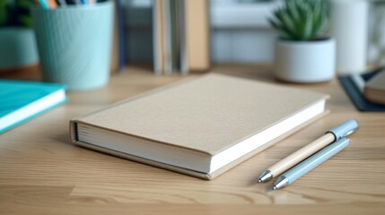 A desk with a notebook, two pens, and a potted plant on it. The notebook is closed and has a blank cover. The pens are blue and brown.