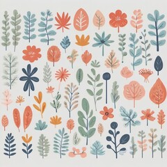A collection of seamless pattern, colorful abstract plants and flowers. Hand drawn Collection of leaves and flowers. A close up of a pattern of flowers and leaves.
