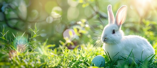 White Easter bunny with easter egg in green grass on sunny day banner, cute animal concept