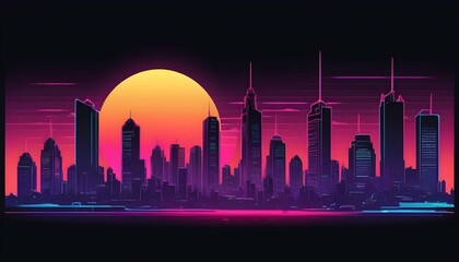 A Retro Sunset Cityscape With Silhouettes Of Build