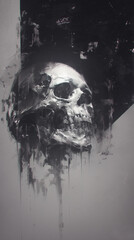 grunge human skull half-profile, black&gray