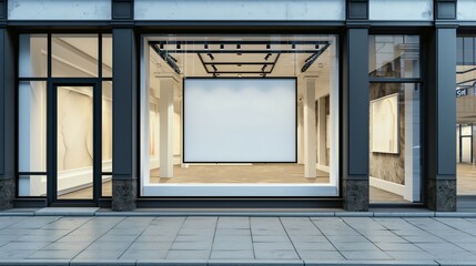 The image is a 3D rendering of an empty store with a large glass window.