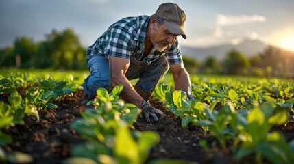 Portrait of skilled Hispanic man working on farm field - obrazy, fototapety, plakaty