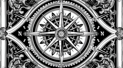 An illustration of a compass with an ornate frame. The compass is black and white, with a detailed design.