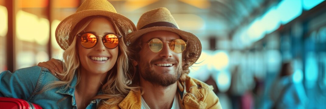 Joyous couple at terminal, packed and primed for international trip
