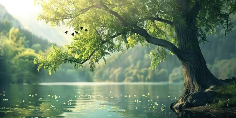 Fotobehang Quiet and calm landscape background with a lake and a forest against a pure natural sky © Classy designs