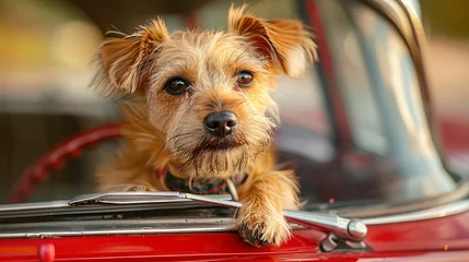 Foto op Canvas A small brown dog with attentive eyes peeking out of a vintage car window. © Athena