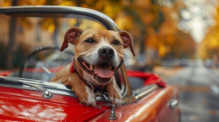 A joyful dog with a red collar sticking its head out of a vintage red car with autumn leaves in the background. 