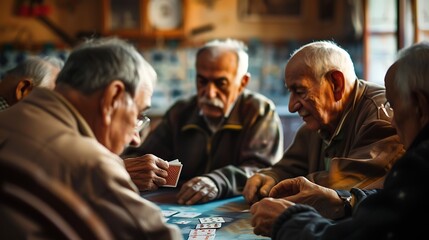 Elderly men intensely focused on a game of cards around a table in a warm, indoor environment. 