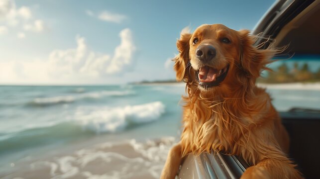 A happy dog sticks its head out of a car window, enjoying the sea breeze at the beach. 