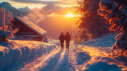 A couple walks towards a sunset on a snowy path near a cabin with warm light emitting from the windows in a picturesque winter landscape. 