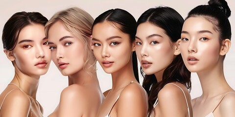 Five diverse young asian women with a clean makeup look pose confidently against a neutral background. 