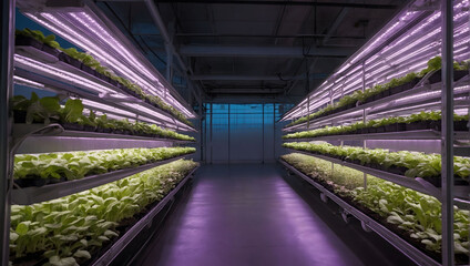Indoor Vertical Farming with Hydroponic System Technology. Modern indoor vertical farm with rows of plants growing with hydroponic system technology and LED lighting. - obrazy, fototapety, plakaty