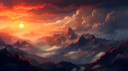sunset in mountains, beautiful mountains in a sunset - obrazy, fototapety, plakaty