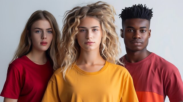 Three young adults in colorful t-shirts posing together against a grey background. - Powered by Adobe