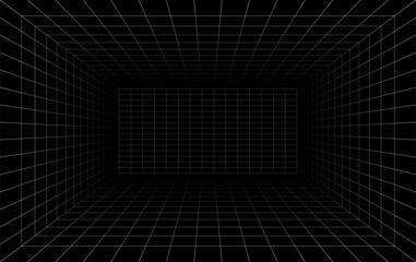 Futuristic perspective grid box. Abstract wireframe with white grid line on black background. Virtual reality landscape in 80s 90s digital style. Vector illustration