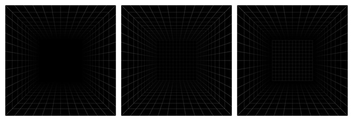 Futuristic perspective grid box. Abstract wireframe with white grid line on black background. Virtual reality landscape in 80s 90s digital style. Vector illustration