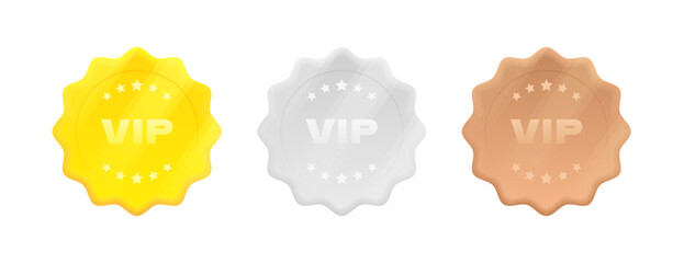 Set VIP badges in gold, silver and bronze color in 3d style with stars and glowing effect. Round label with three vip level. Modern vector illustration