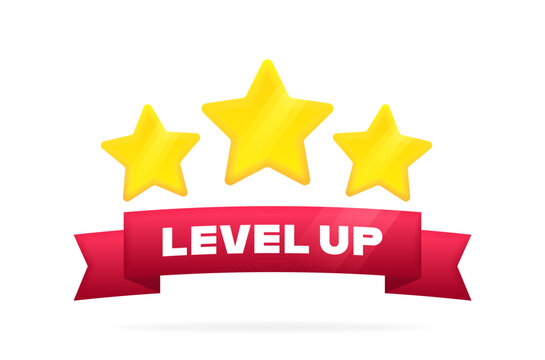 Level Up badge with three stars and ribbon in 3d style with glowing effect. Design concept of career growth, level up in game and in life, progress, achievement a goal. Vector illustration