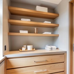 A well-organized bathroom setting with sleek wooden shelves over a modern vanity, presenting a clean and functional aesthetic for stock imagery.