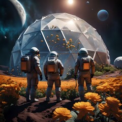 Three men in spacesuits tending to the flowers in a geodesic dome of atmosphere on the moon. - obrazy, fototapety, plakaty