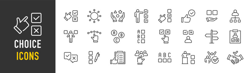 Choice web icons in line style. Option, checkmark, solving, selection, choose, possibility, collection. Vector illustration.