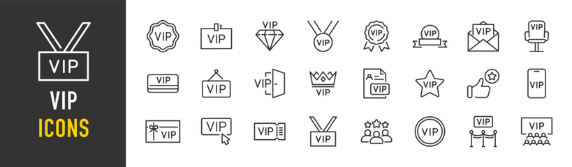 Vip web icons in line style. Exclusive, royalty, service, pass, choose, diamond, collection. Vector illustration.
