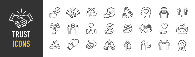 Trust web icons in line style. Integrity, confidence, reliability, credibility, empathy, friends collection. Vector illustration.