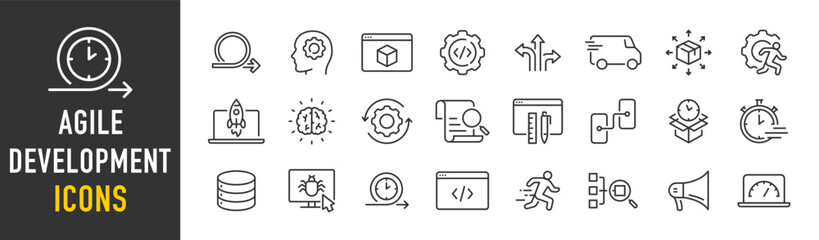 Agile Development web icons in line style. Scrum, requirements, maintenance, testing, software collection. Vector illustration.