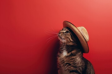 Cute tabby cat wearing a straw hat on a red background. Copy space.